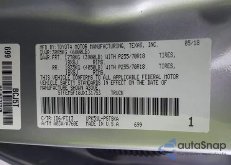 2018 Toyota Tundra Sr5 4.6L V8 from USA, damaged, VIN 5TFEM5F10JX131753